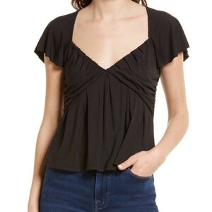 FRAME Shirred Flounce Sweetheart Short Sleeve Top in Black Women’s Small $198